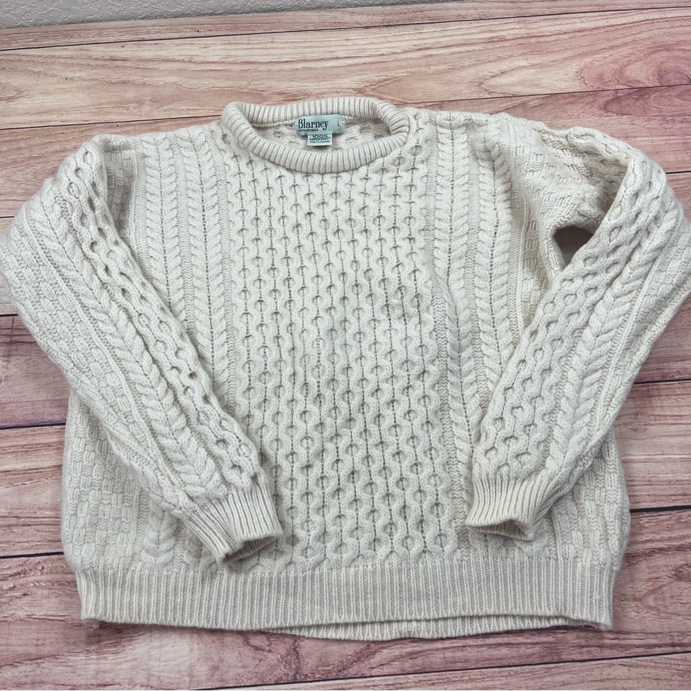 VTG 90s Women's Blarney Woolen Mills Fisherman Cable Knit 100% Wool Sweater L